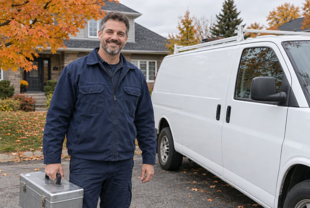 Plombier souriant avec son coffre à outils devant le camion de service