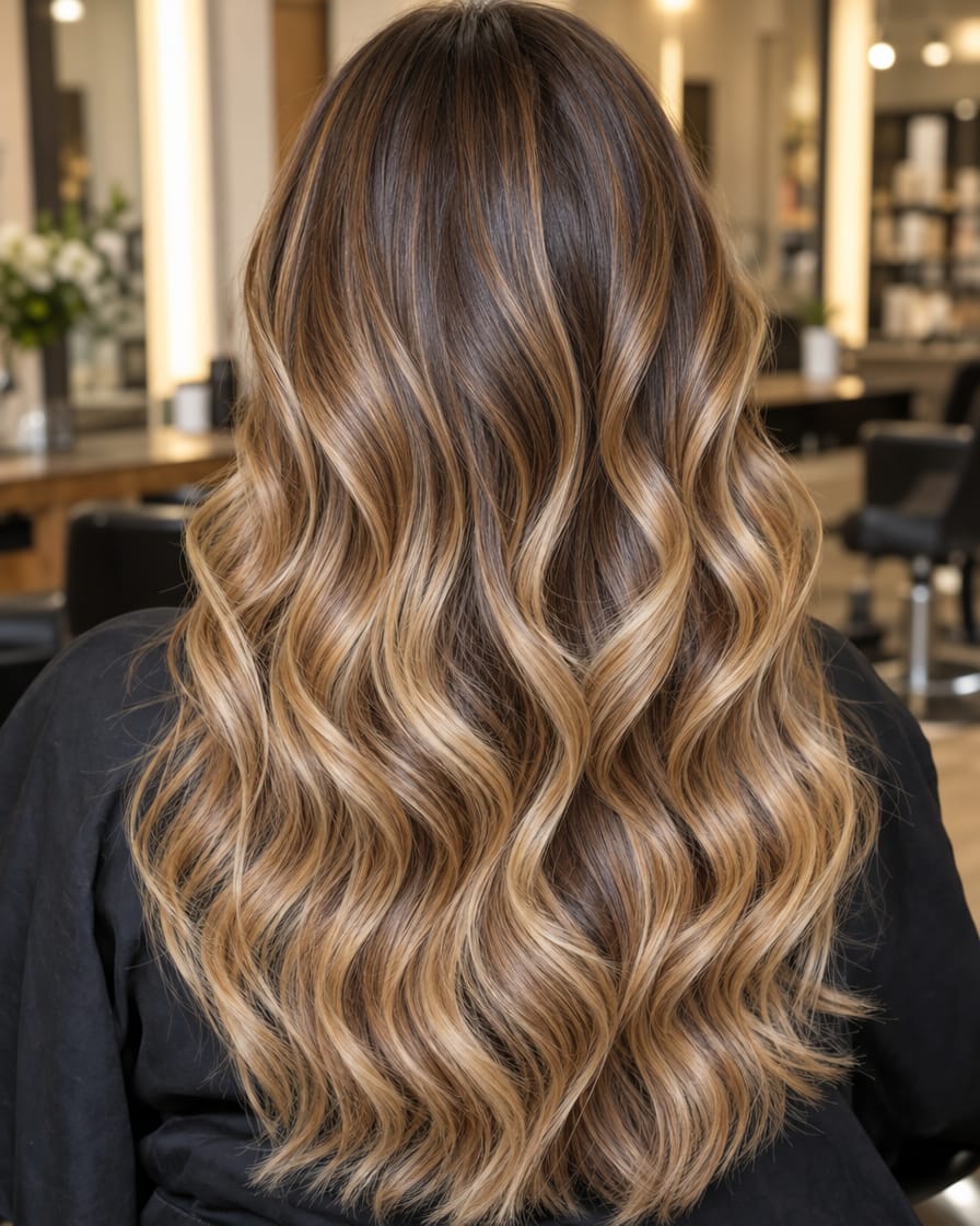 Balayage miel sur cheveux longs ondulés
